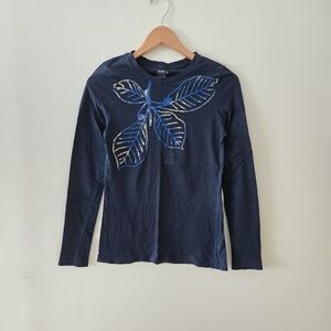 Old Navy Navy Blue Long Sleeve Tee leaves design size M